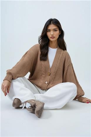 Kadın Bisküvi V Yaka Saç Örgü Desenli Balon Kol Triko Hırka ALC-X14438