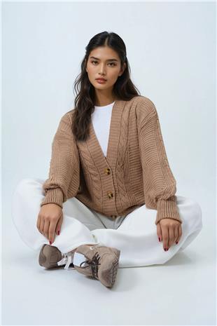 Kadın Bisküvi V Yaka Saç Örgü Desenli Balon Kol Triko Hırka ALC-X14438