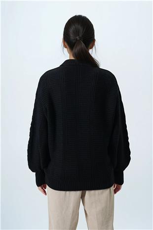 Kadın Siyah V Yaka Saç Örgü Desenli Balon Kol Triko Hırka ALC-X14438