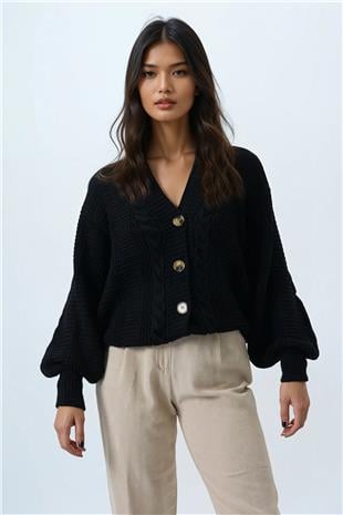 Kadın Siyah V Yaka Saç Örgü Desenli Balon Kol Triko Hırka ALC-X14438