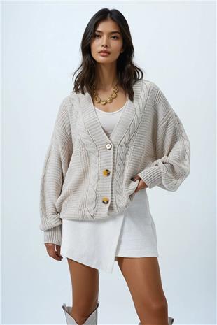 Kadın Bej V Yaka Saç Örgü Desenli Balon Kol Triko Hırka ALC-X14438