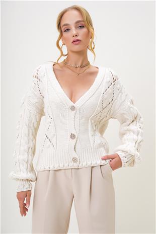 Kadın Krem V Yaka Taş Düğmeli Kalın Triko Hırka ALC-X13204