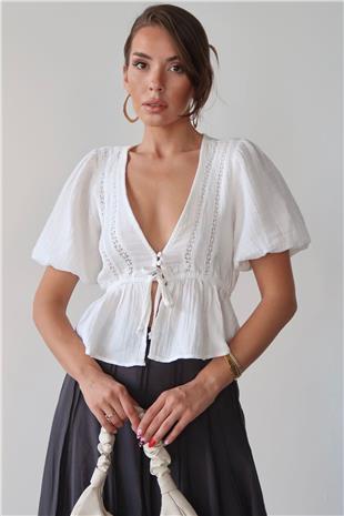 Kadın Beyaz V Yaka Yarım Kol Önden Bağlamalı Bluz VS00384
