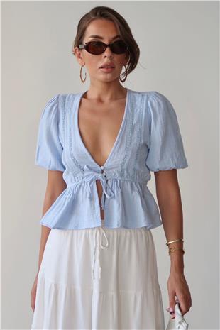 Kadın Mavi V Yaka Yarım Kol Önden Bağlamalı Bluz VS00384