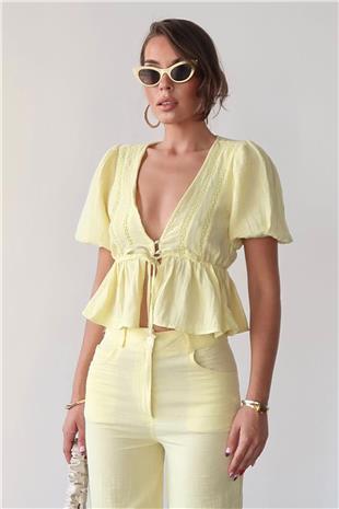 Kadın Sarı V Yaka Yarım Kol Önden Bağlamalı Bluz VS00384