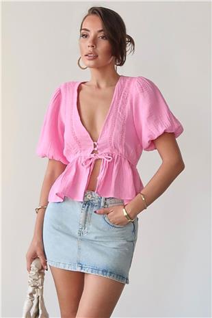 Kadın Pembe V Yaka Yarım Kol Önden Bağlamalı Bluz VS00384