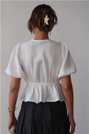 Kadın Beyaz V Yaka Yarım Kol Önden Bağlamalı Bluz VS00384