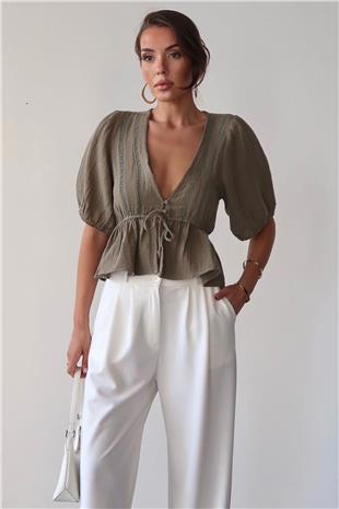 Kadın Haki V Yaka Yarım Kol Önden Bağlamalı Bluz VS00384