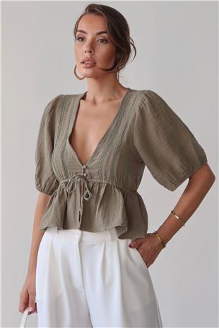 Kadın Haki V Yaka Yarım Kol Önden Bağlamalı Bluz VS00384