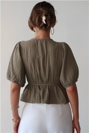 Kadın Haki V Yaka Yarım Kol Önden Bağlamalı Bluz VS00384