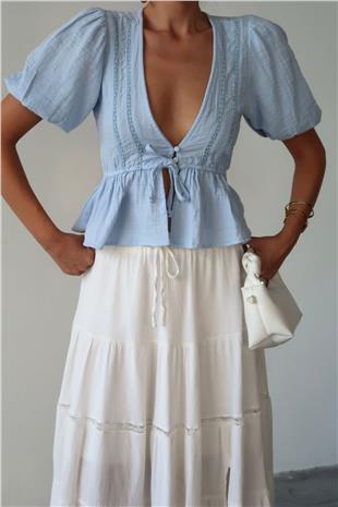 Kadın Mavi V Yaka Yarım Kol Önden Bağlamalı Bluz VS00384