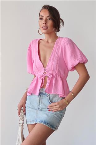 Kadın Pembe V Yaka Yarım Kol Önden Bağlamalı Bluz VS00384