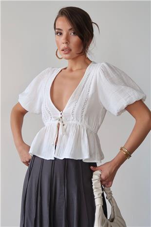 Kadın Beyaz V Yaka Yarım Kol Önden Bağlamalı Bluz VS00384