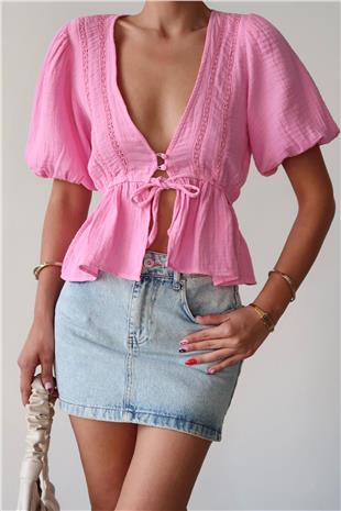 Kadın Pembe V Yaka Yarım Kol Önden Bağlamalı Bluz VS00384