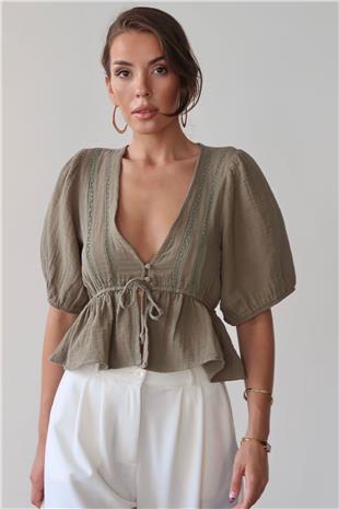 Kadın Haki V Yaka Yarım Kol Önden Bağlamalı Bluz VS00384