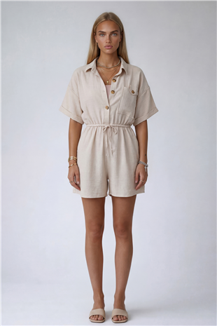 Vanilya Gömlek Yaka Çift Cepli Keten Şort Tulum
