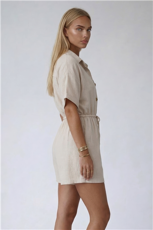 Vanilya Gömlek Yaka Çift Cepli Keten Şort Tulum