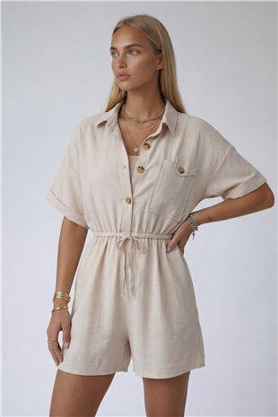 Vanilya Gömlek Yaka Çift Cepli Keten Şort Tulum