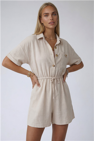 Vanilya Gömlek Yaka Çift Cepli Keten Şort Tulum