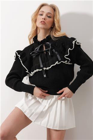 Kadın Siyah Yaka Bağlama Detaylı Fırfırlı Selanik Örgü Crop Kazak ALC-X9792