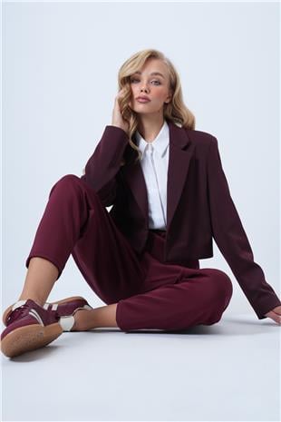 Kadın Bordo Yaka Detaylı İçi Astarlı Kalın Crop Ceket ALC-X14592