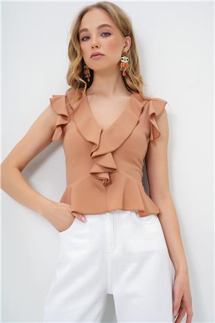 Kadın Karamel Yakası Fırfırlı Bel Kısmı Volanlı Örme Crep V Yaka Yazlık Bluz ALC-X13494