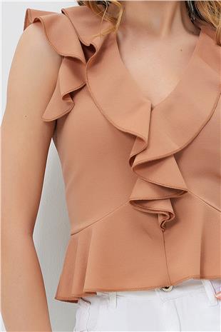 Kadın Karamel Yakası Fırfırlı Bel Kısmı Volanlı Örme Crep V Yaka Yazlık Bluz ALC-X13494