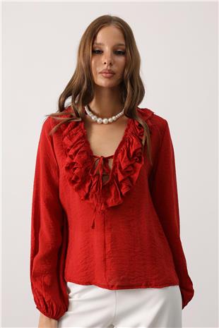 Kadın Kırmızı Yakası Fırfırlı Uzun Kol Bluz VS00635