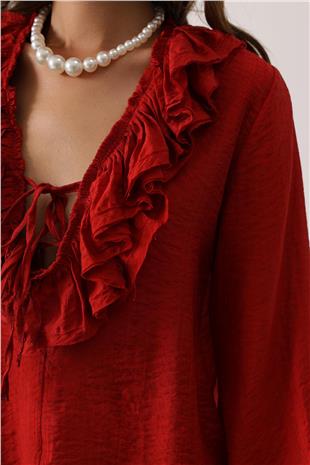 Kadın Kırmızı Yakası Fırfırlı Uzun Kol Bluz VS00635