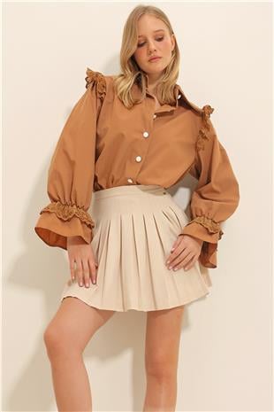 Kadın Camel Yakası Fisto İşlemeli Balon Kol Nakışlı Poplin Gömlek ALC-X10630