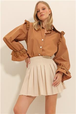 Kadın Camel Yakası Fisto İşlemeli Balon Kol Nakışlı Poplin Gömlek ALC-X10630
