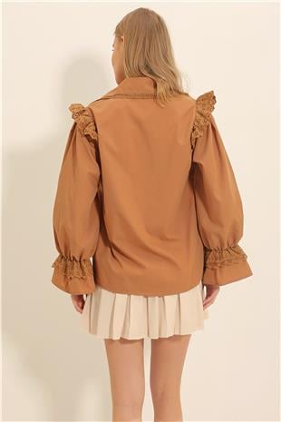 Kadın Camel Yakası Fisto İşlemeli Balon Kol Nakışlı Poplin Gömlek ALC-X10630