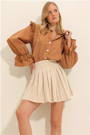 Kadın Camel Yakası Fisto İşlemeli Balon Kol Nakışlı Poplin Gömlek ALC-X10630