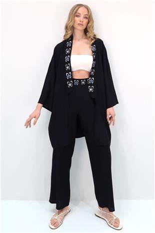 Kadın Siyah Yakası Ve Beli Desenli Sırt Baskılı Kimono Ve Palazzo Pantolon Takım ALC-X13641
