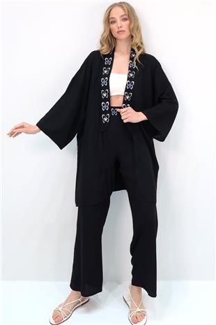 Kadın Siyah Yakası Ve Beli Desenli Sırt Baskılı Kimono Ve Palazzo Pantolon Takım ALC-X13641