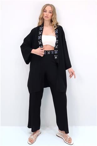 Kadın Siyah Yakası Ve Beli Desenli Sırt Baskılı Kimono Ve Palazzo Pantolon Takım ALC-X13641