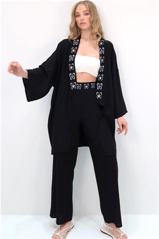 Kadın Siyah Yakası Ve Beli Desenli Sırt Baskılı Kimono Ve Palazzo Pantolon Takım ALC-X13641