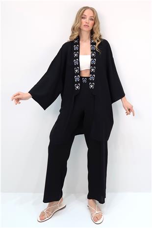 Kadın Siyah Yakası Ve Beli Desenli Sırt Baskılı Kimono Ve Palazzo Pantolon Takım ALC-X13641