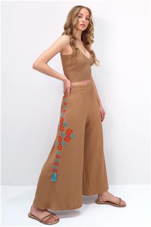 Kadın Bisküvi Yanları Etnik Desen Nakış İşlemeli Krinkıl Palazzo Pantolon ALC-X13646