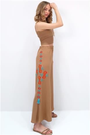 Kadın Bisküvi Yanları Etnik Desen Nakış İşlemeli Krinkıl Palazzo Pantolon ALC-X13646