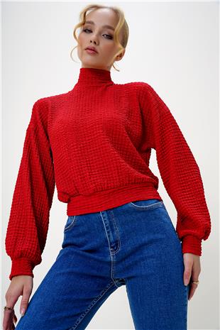 Kadın Kırmızı Yarım Balıkçı Yaka Bürümcük Crop Bluz ALC-X13124