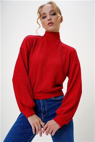 Kadın Kırmızı Yarım Balıkçı Yaka Bürümcük Crop Bluz ALC-X13124