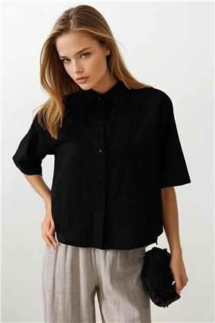 Kadın Siyah Yarım Balon Kol Çizgili Gömlek VS00572