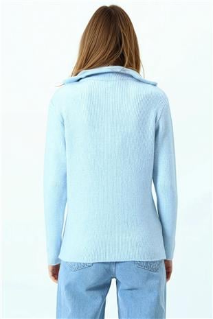 Kadın Bebe Mavi Yarım Fermuarlı Dik Yaka Triko Bluz VS01058