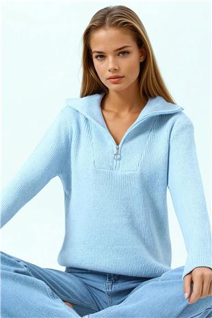 Kadın Bebe Mavi Yarım Fermuarlı Dik Yaka Triko Bluz VS01058