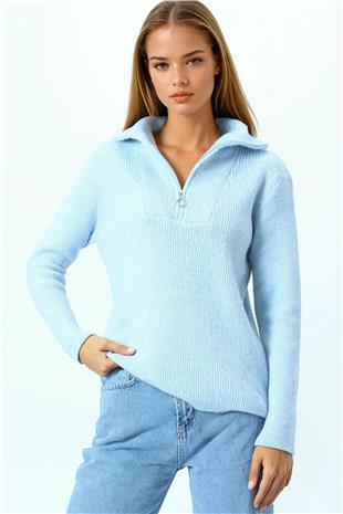 Kadın Bebe Mavi Yarım Fermuarlı Dik Yaka Triko Bluz VS01058