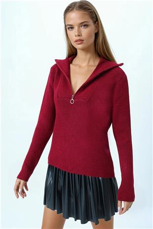 Kadın Bordo Yarım Fermuarlı Dik Yaka Triko Bluz VS01058