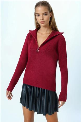 Kadın Bordo Yarım Fermuarlı Dik Yaka Triko Bluz VS01058