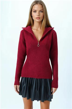 Kadın Bordo Yarım Fermuarlı Dik Yaka Triko Bluz VS01058