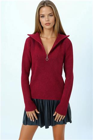 Kadın Bordo Yarım Fermuarlı Dik Yaka Triko Bluz VS01058